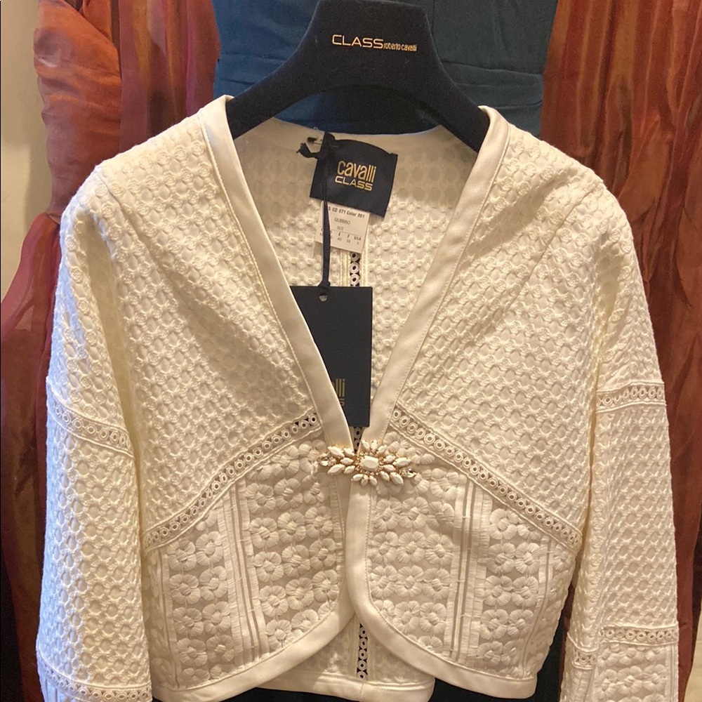 Cavalli Class White Textured Women's Jacket with stunning beaded brooch closure